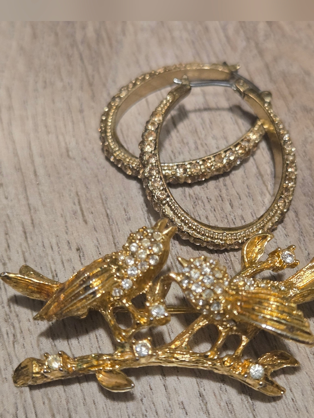 Napier Gold-Tone Crystal Bird Brooch and Hoop Earrings Set